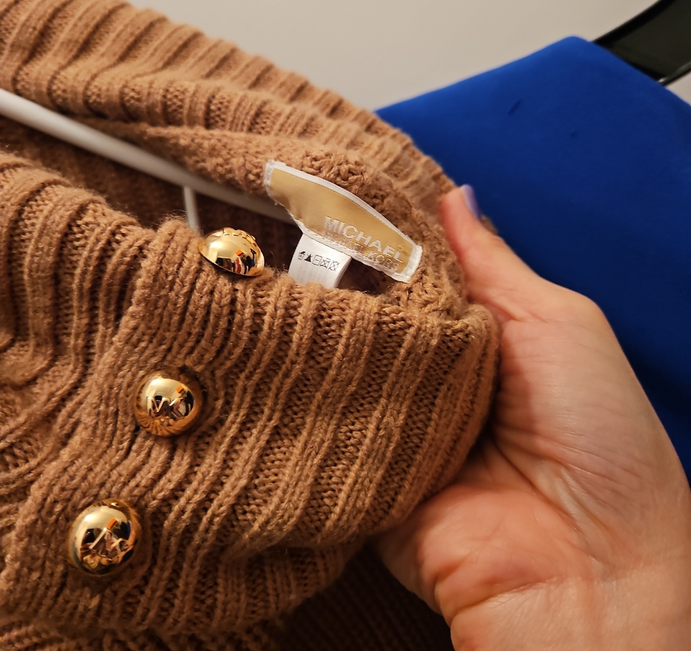 MICHAEL Michael Kors Camel Knit Sweater with Gold Buttons